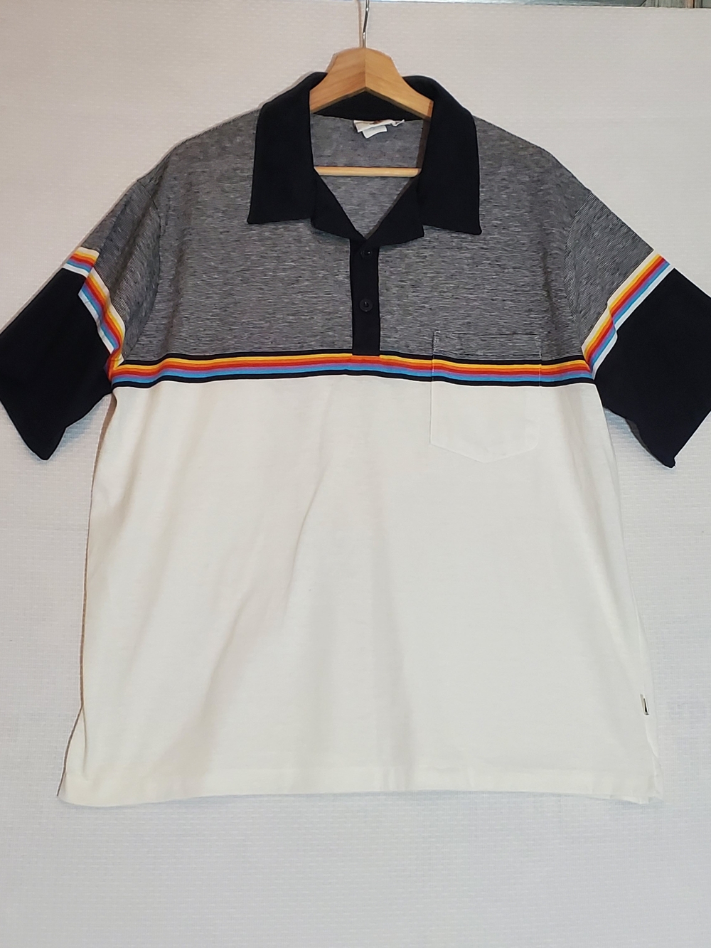 Vintage Hobie White Black Polo with Rainbow Stripe 80s 90s Mens XL Preppy Golf